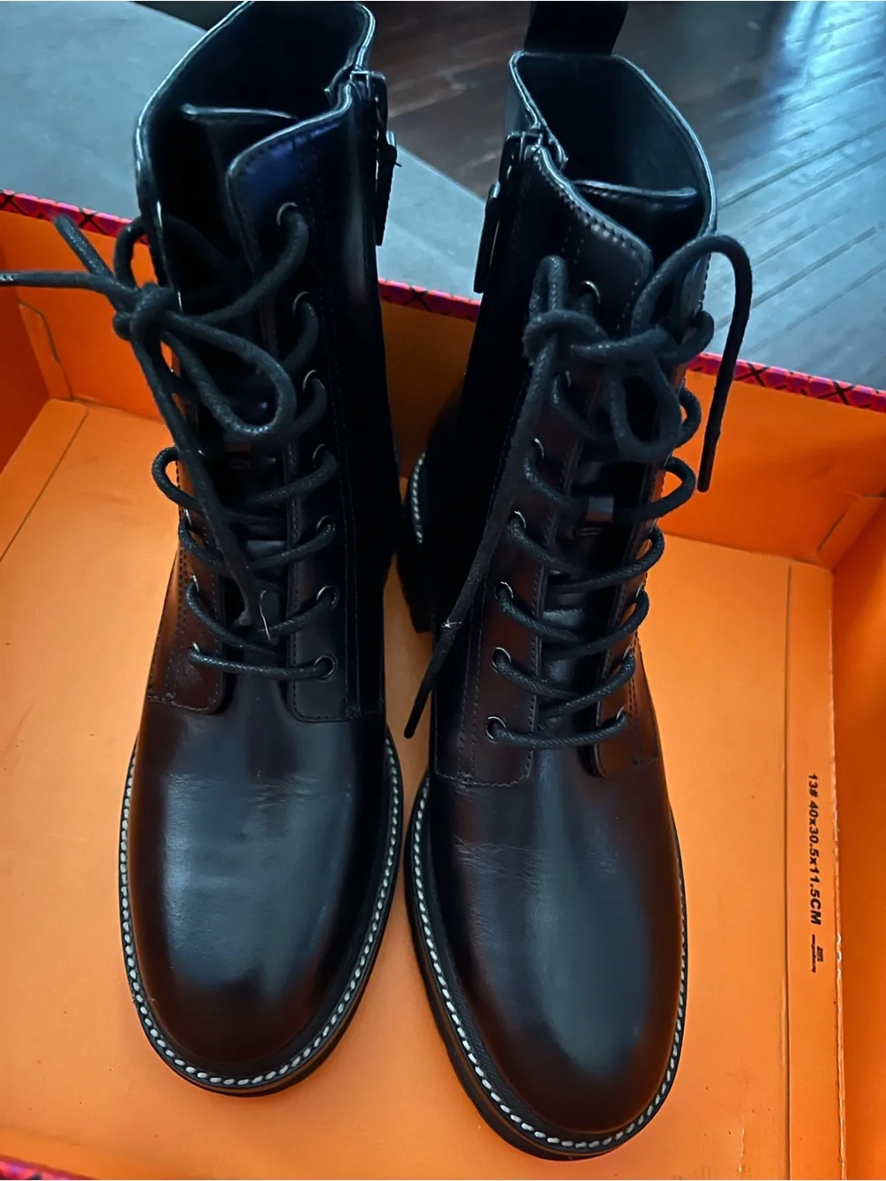 Tory Burch Black Leather Lug-Sole Combat Boots